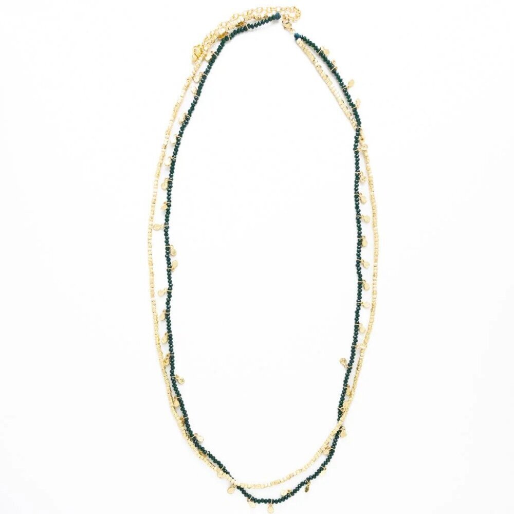 Ink + Alloy Milly Double Strand Crystal Necklace Brass + Green NWT
